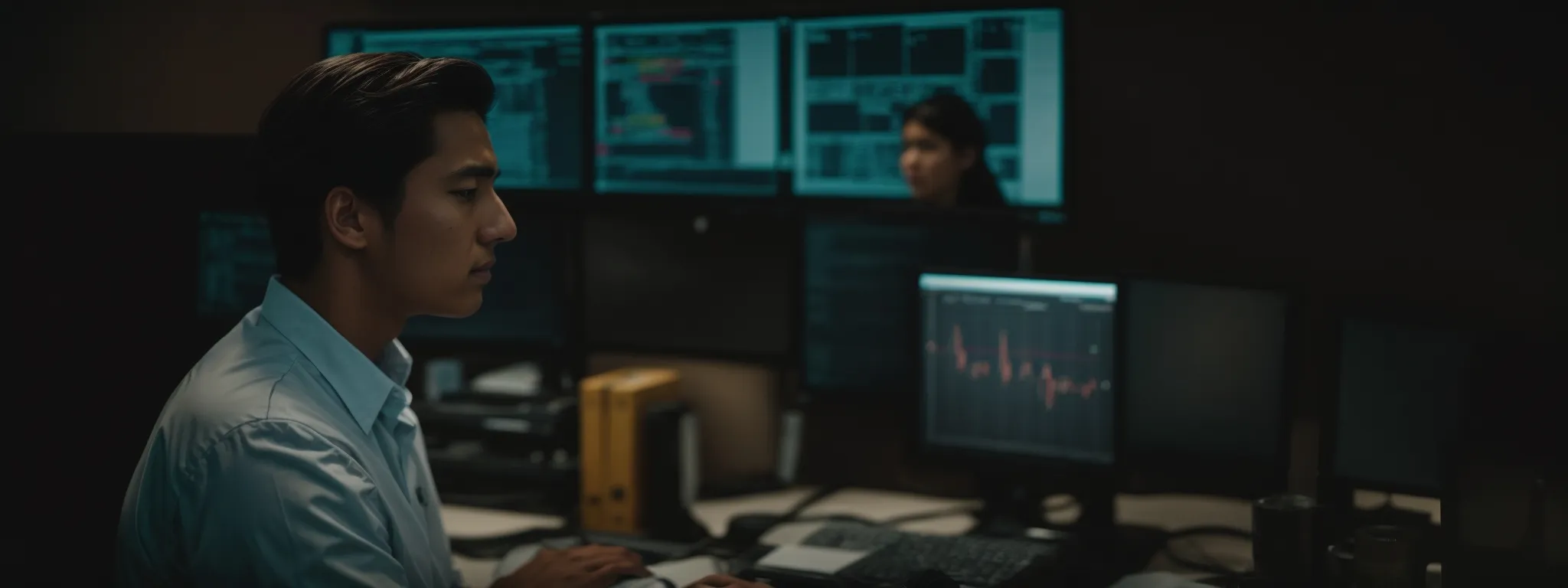 a focused individual analyzes complex data on a large, high-resolution computer monitor, strategizing in an office environment.
