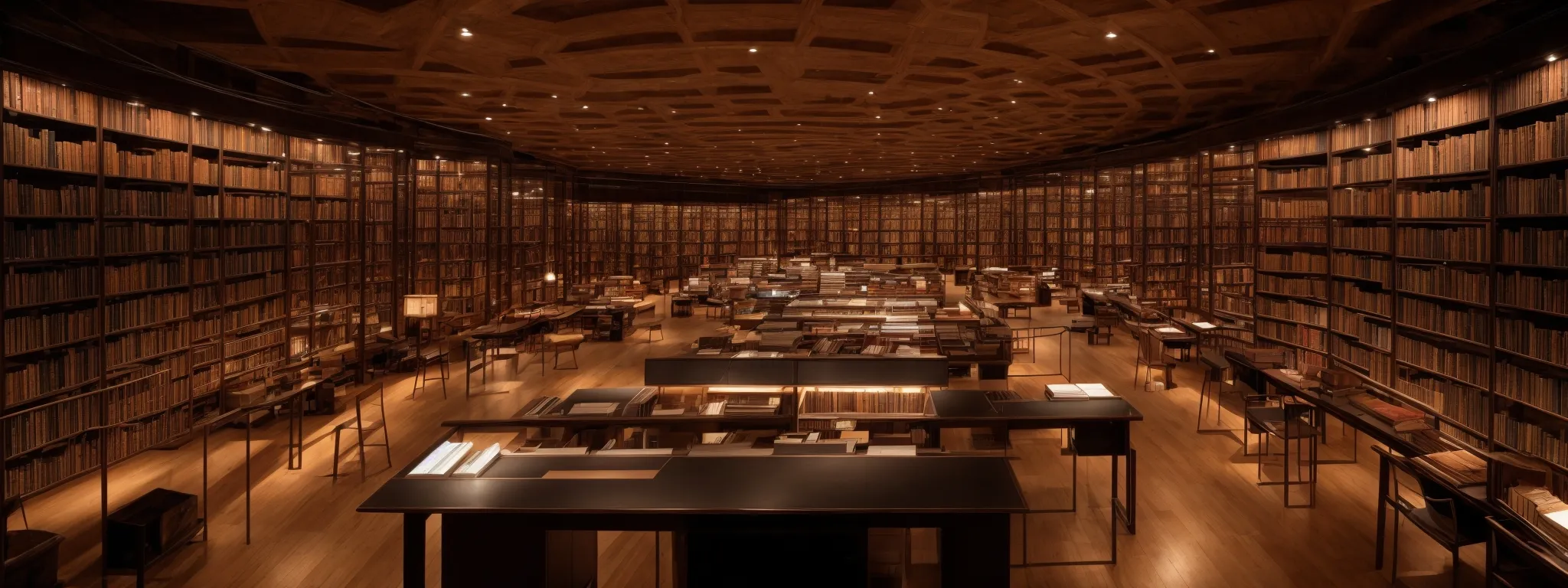 a panoramic view of a vast library with endless rows of books and a central aisle leading towards a glowing screen showcasing graphs and keyword data.