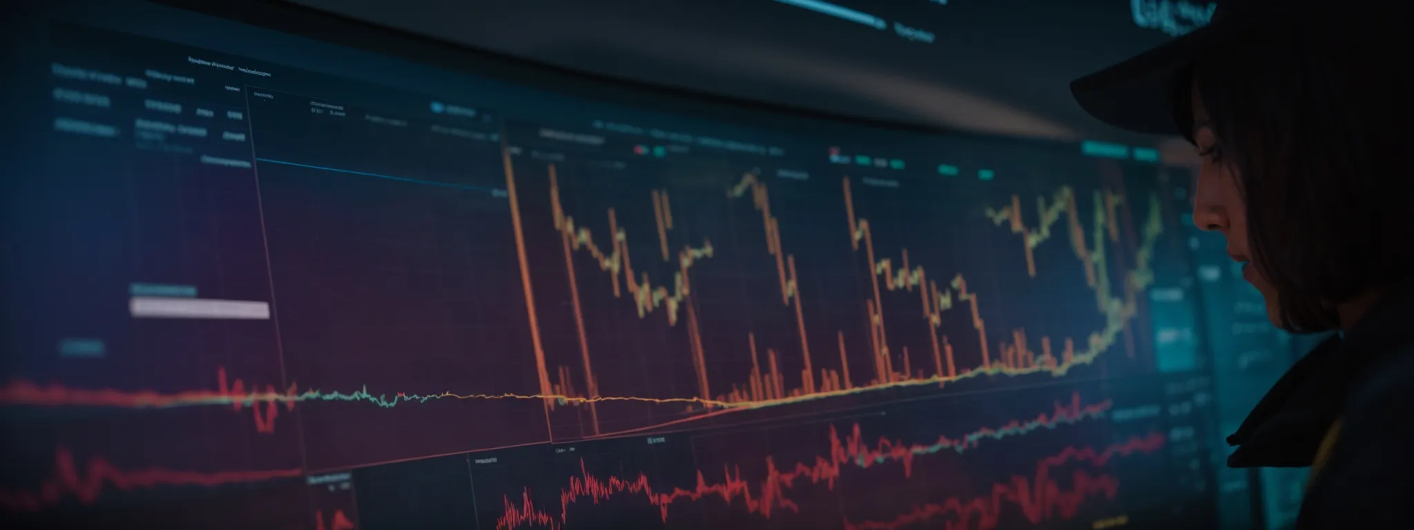 a marketer analyzing a colorful data dashboard on a computer screen, reflecting the fluctuation of keyword rankings.