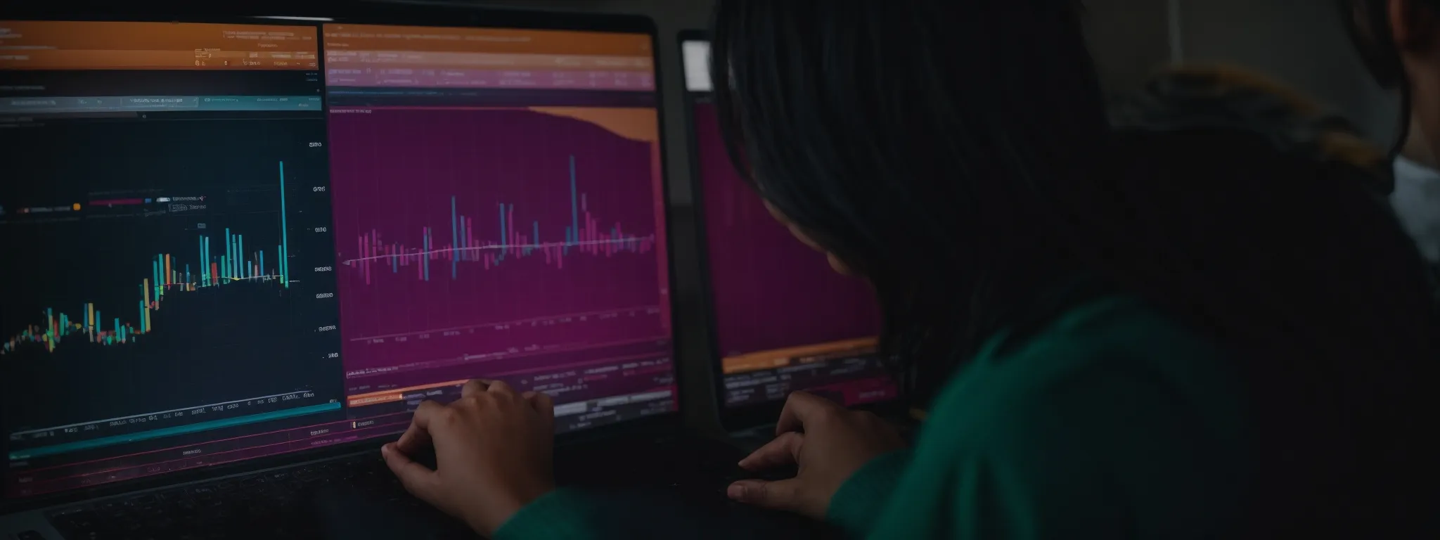 a person browsing through a colorful digital dashboard showing keywords and analytics charts on a computer screen.