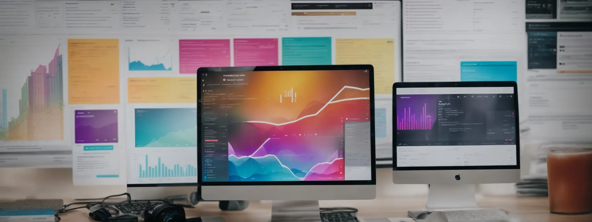 a desktop with an open laptop displaying a colorful analytics dashboard, surrounded by notes on seo strategies.