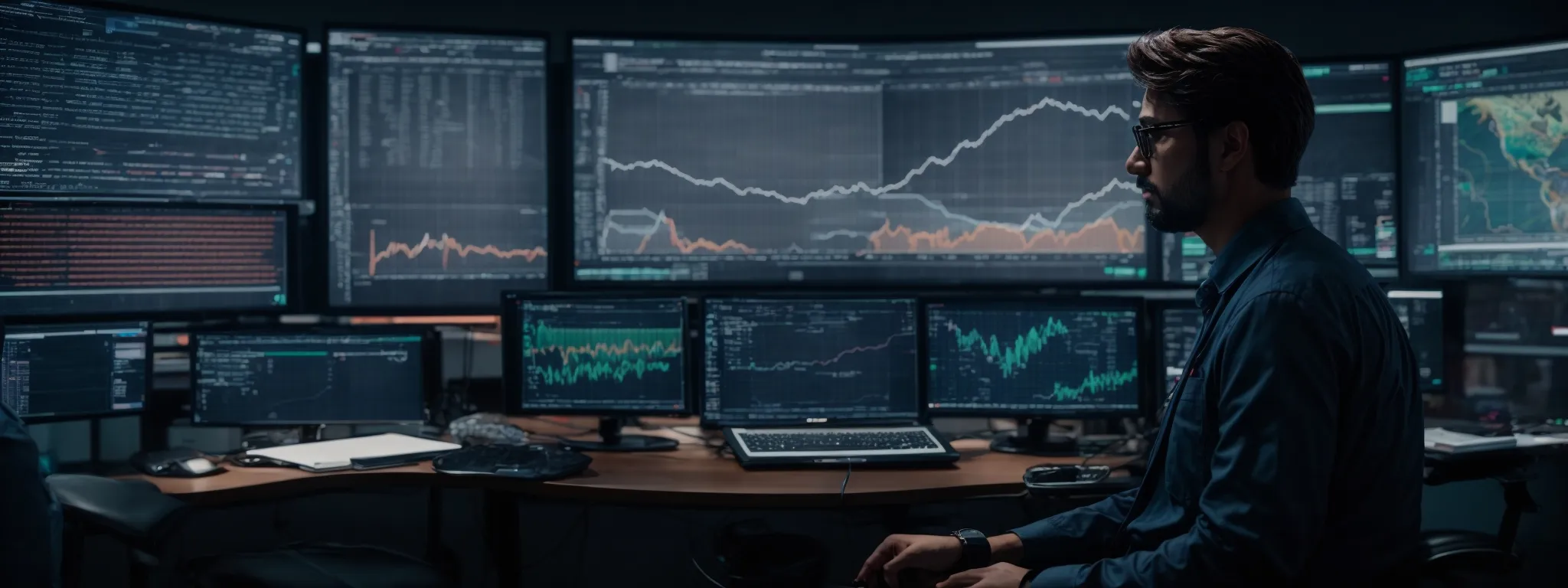 a strategist analyzing complex data visualizations on multiple computer screens in a high-tech digital marketing command center.
