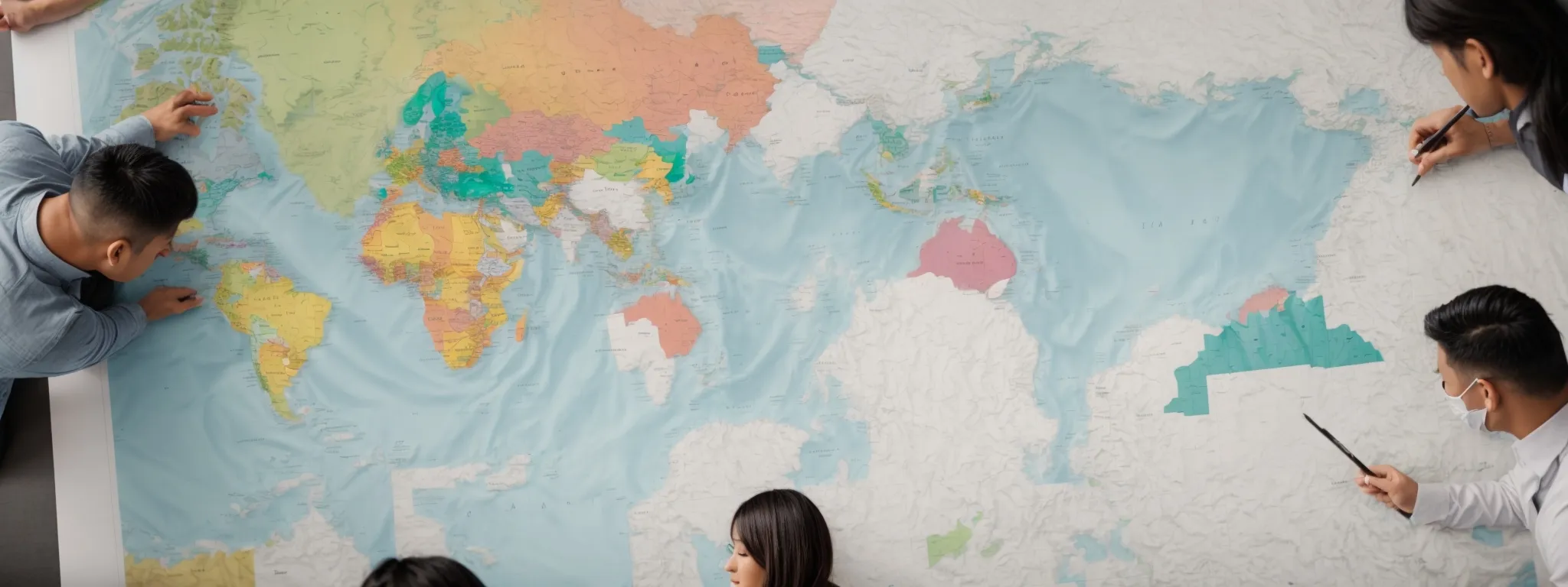 a marketing team reviews colorful graphs and charts on a global map, highlighting market segments and competitor positions.