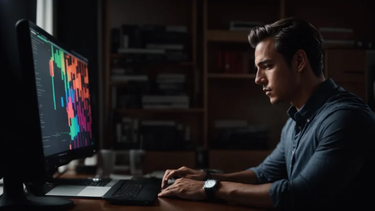 a focused individual analyzing a colorful graph on a computer screen in a well-lit office.