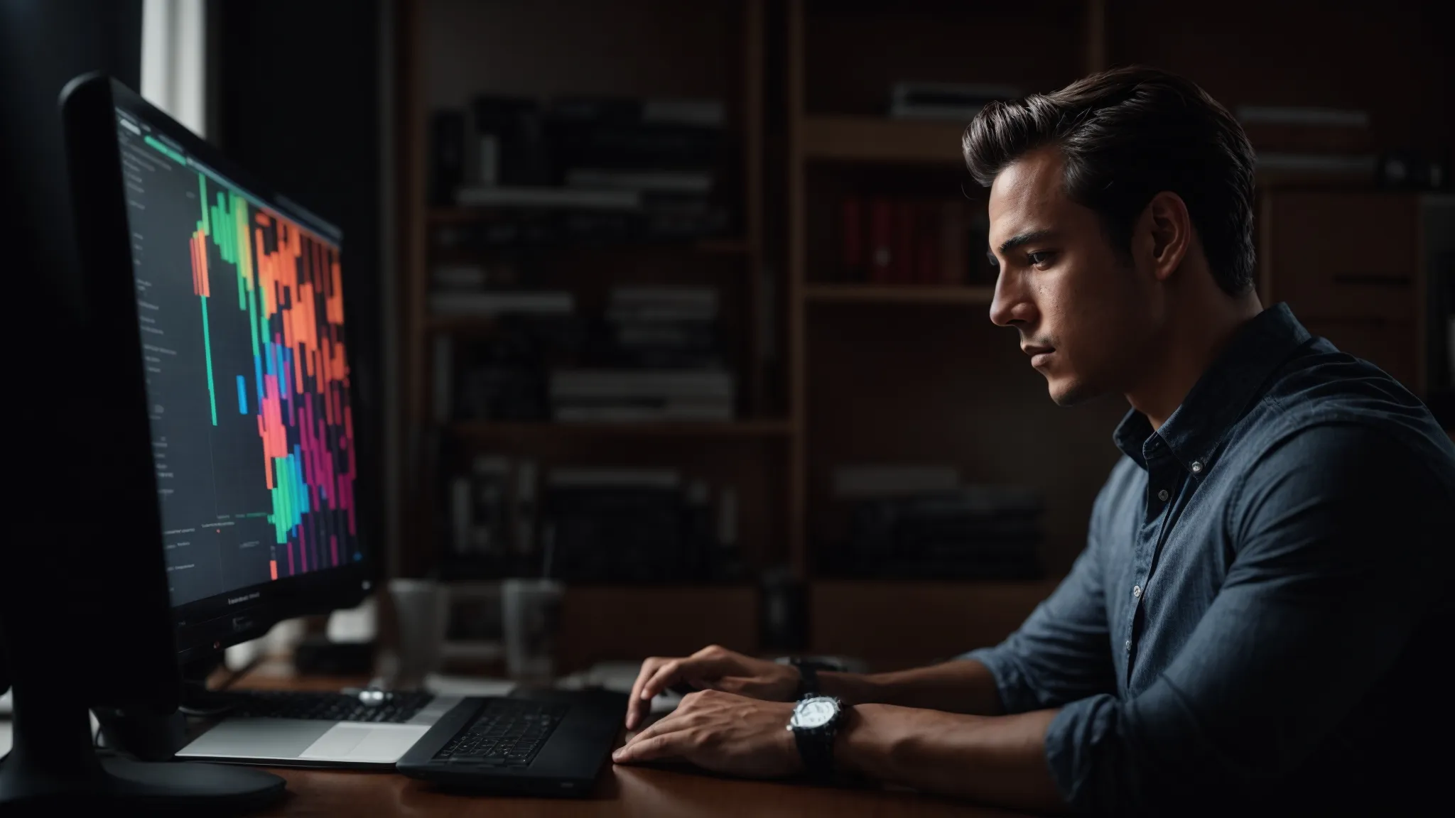 a focused individual analyzing a colorful graph on a computer screen in a well-lit office.