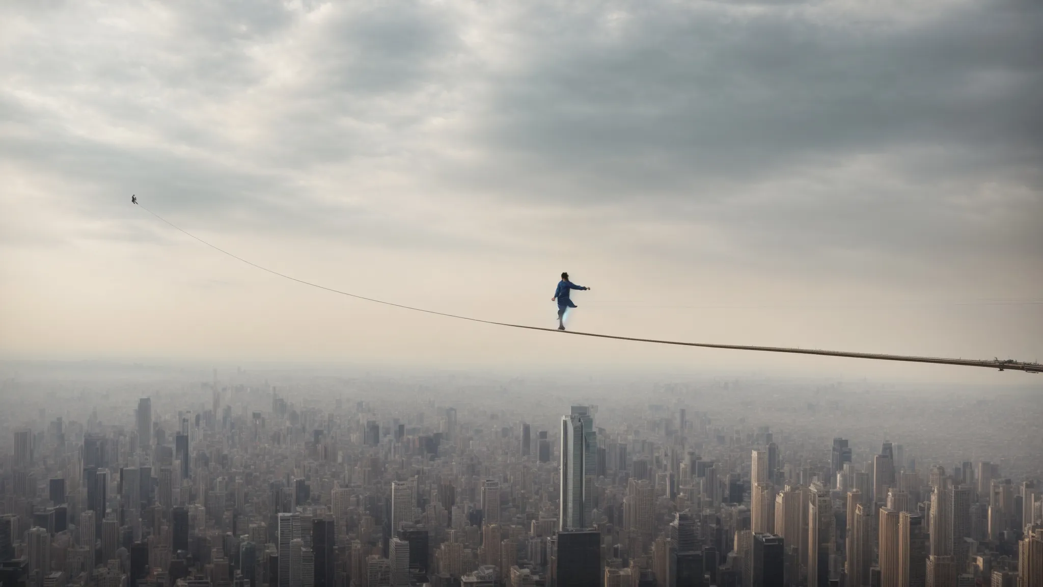 a person on a tightrope above a skyline, symbolizing the delicate balance between challenge and opportunity in seo keyword strategy.