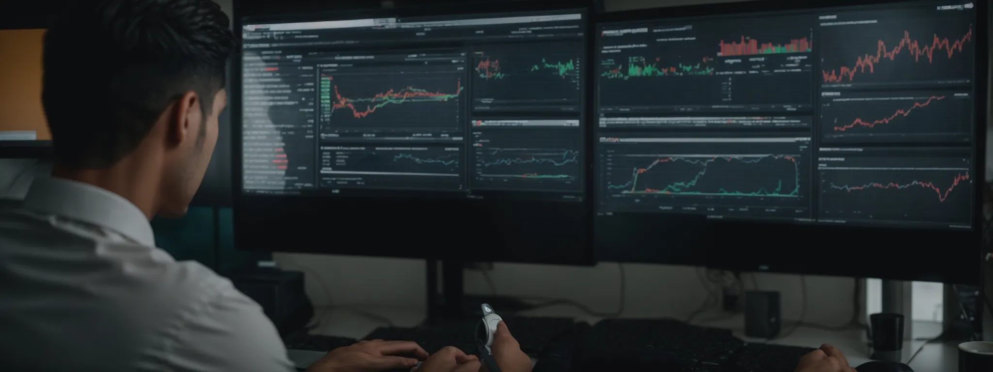 a digital marketer observes an analytics dashboard on a computer screen, revealing trending keywords and seo performance metrics.