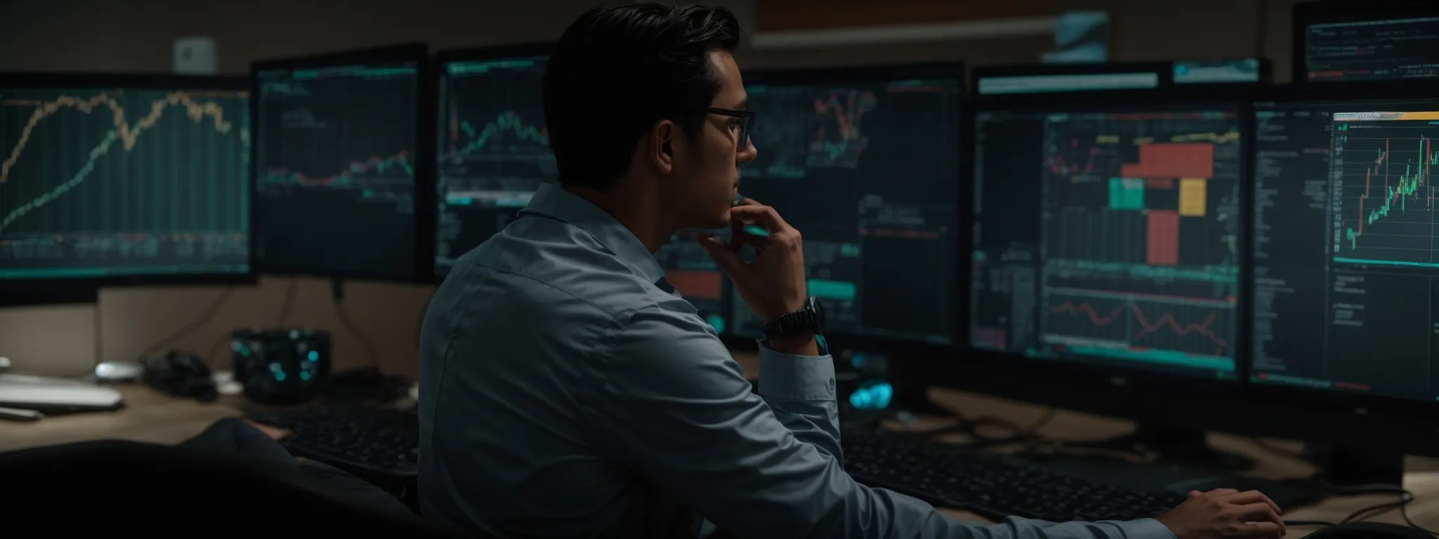 a focused individual intently analyzing vibrant graphs and data charts on a computer screen, highlighting keyword performance metrics.