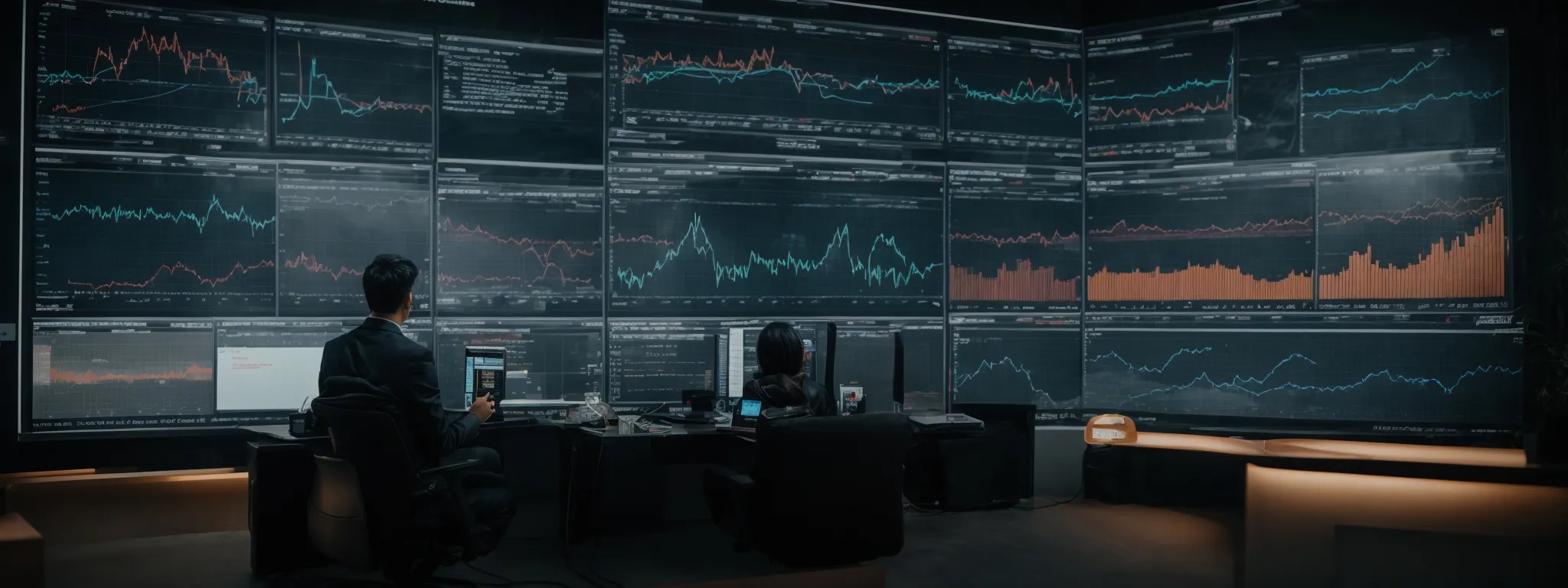 a person analyzing complex data visualization dashboards on a large screen, illustrating seo performance metrics and keyword trends.