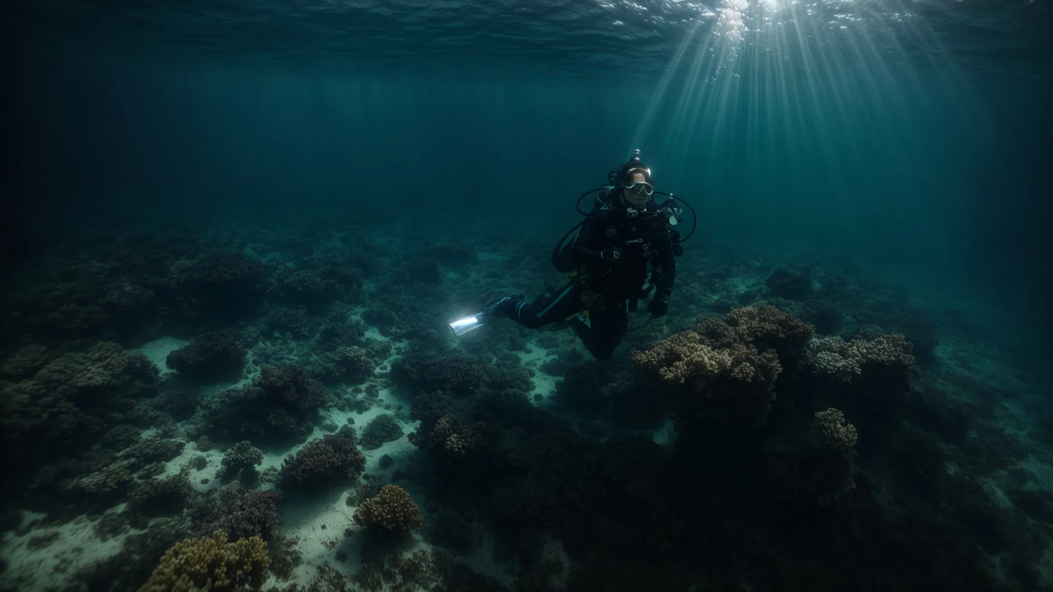 a diver equipped with an underwater light peering into a vast, shadowy ocean abyss.