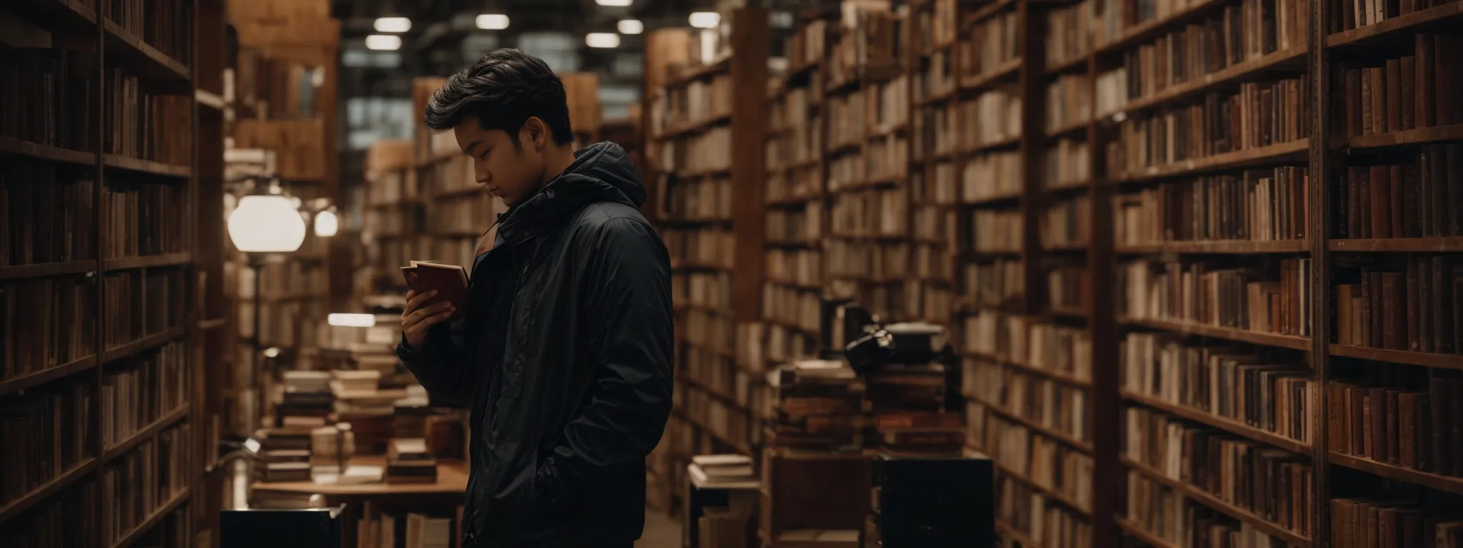 a content creator gazes at a vast library of books, symbolizing a treasure trove of ideas and knowledge.