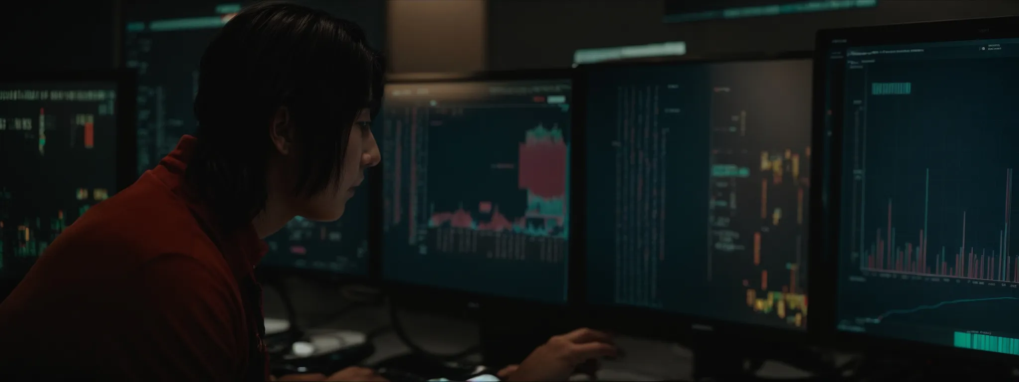 a person intently analyzing a graph on a computer that displays video performance metrics.