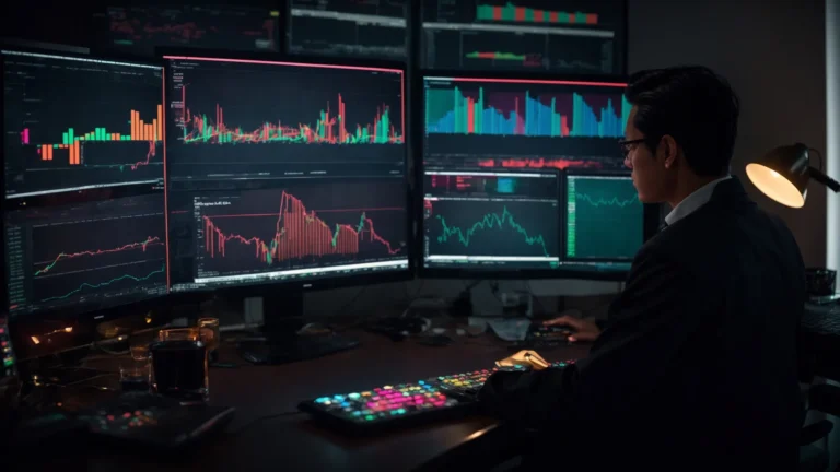a person sitting at a desk with a computer displaying colorful graphs and charts, analyzing market trends.