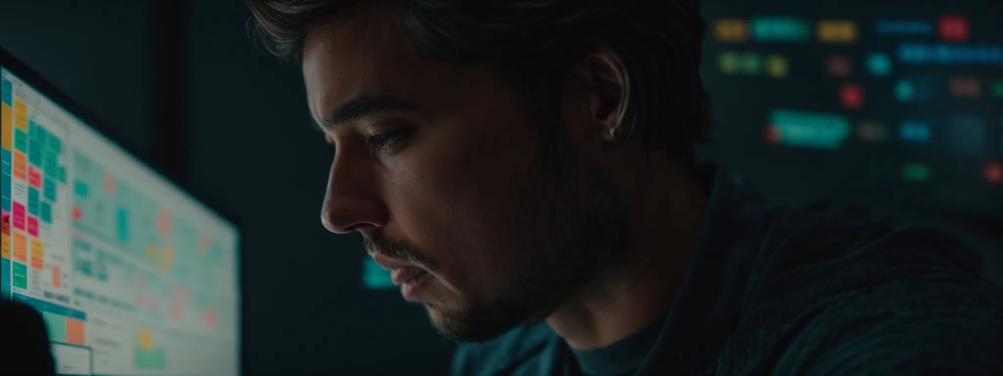 a content strategist gazes intently at a computer screen, analyzing a colorful graph that represents a diverse range of keywords.