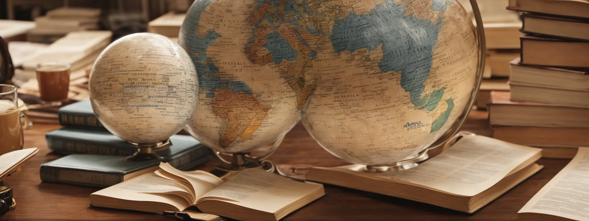 a globe surrounded by various foreign language dictionaries and digital devices displaying international search engine results.