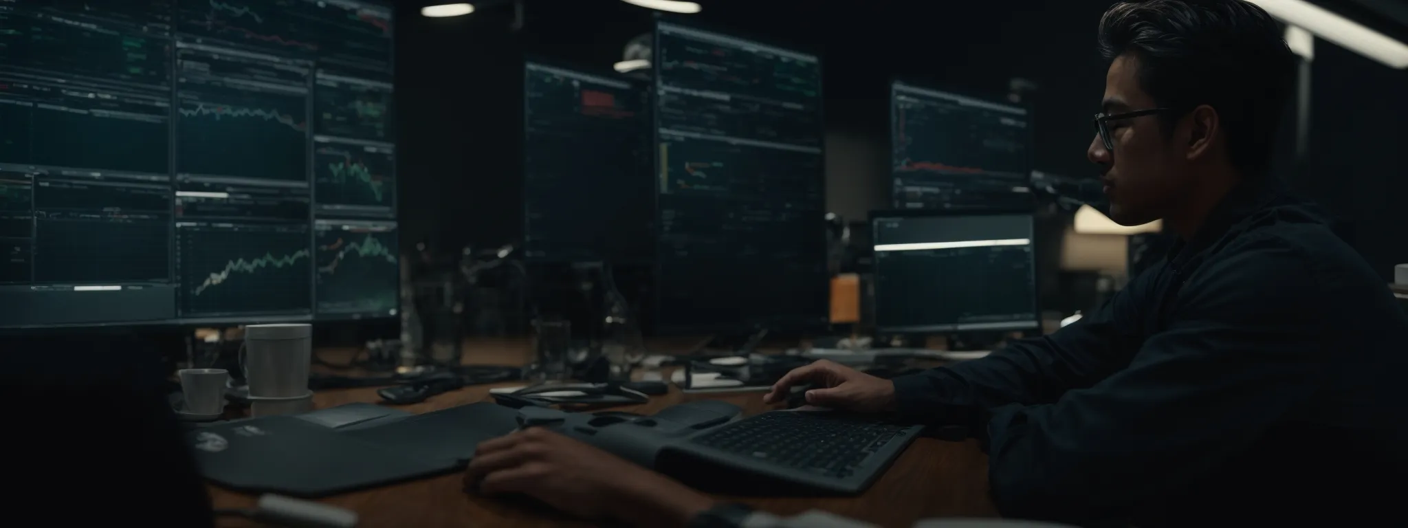 a focused individual closely examining a detailed analytics dashboard showcasing search trends and competitive data insights.