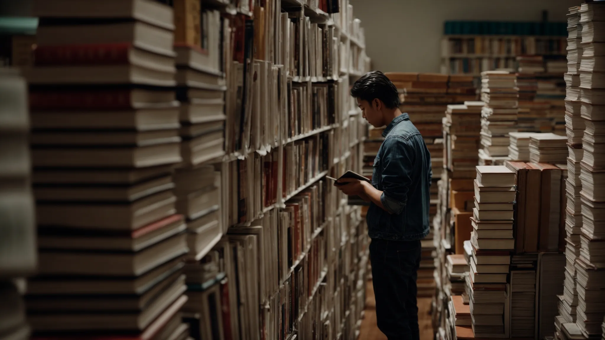 a person cursorily browsing through large stacks of books, searching for the right one.