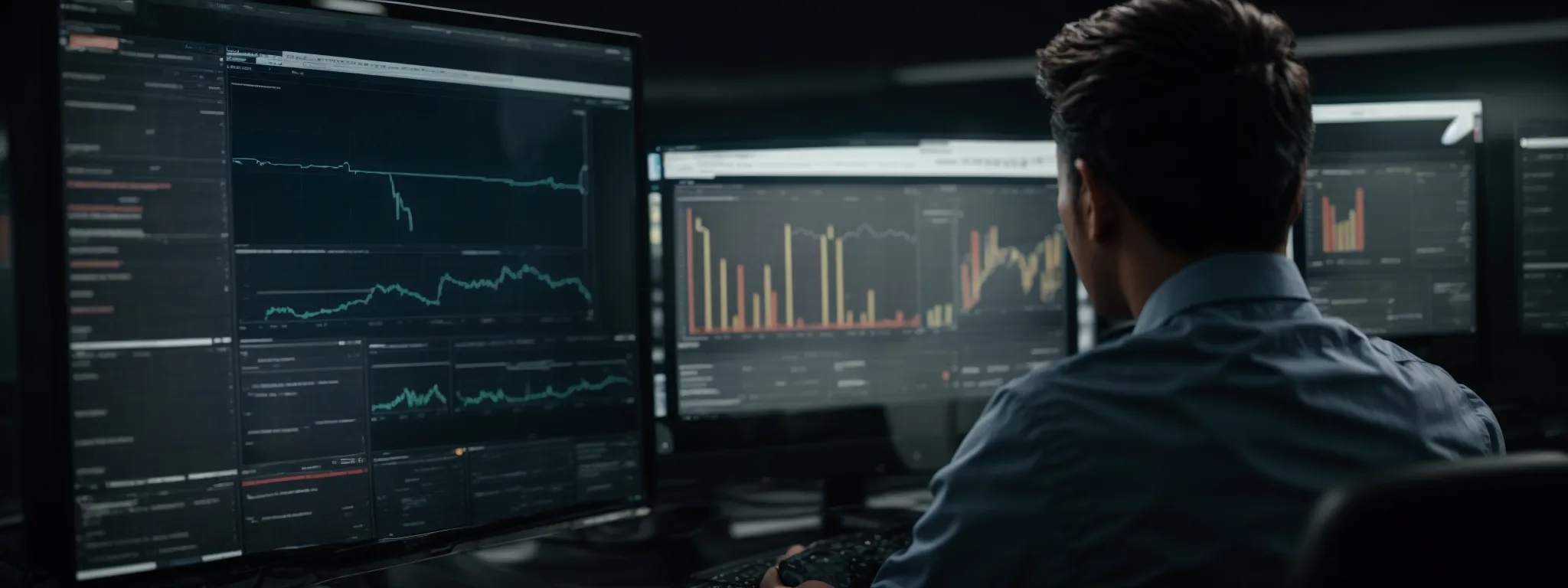 a focused individual engages with an intuitive analytics dashboard on a computer screen, streamlining content strategy.