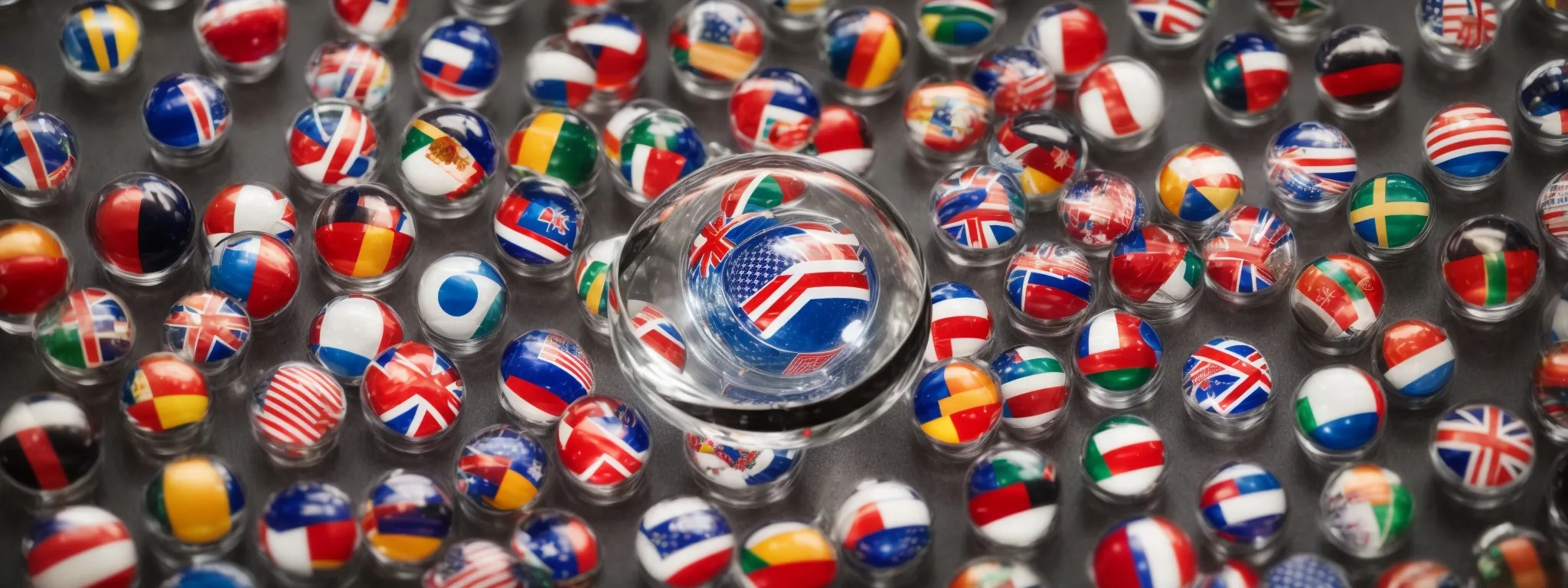 a globe surrounded by various flag icons, with a magnifying glass focusing on different regions.