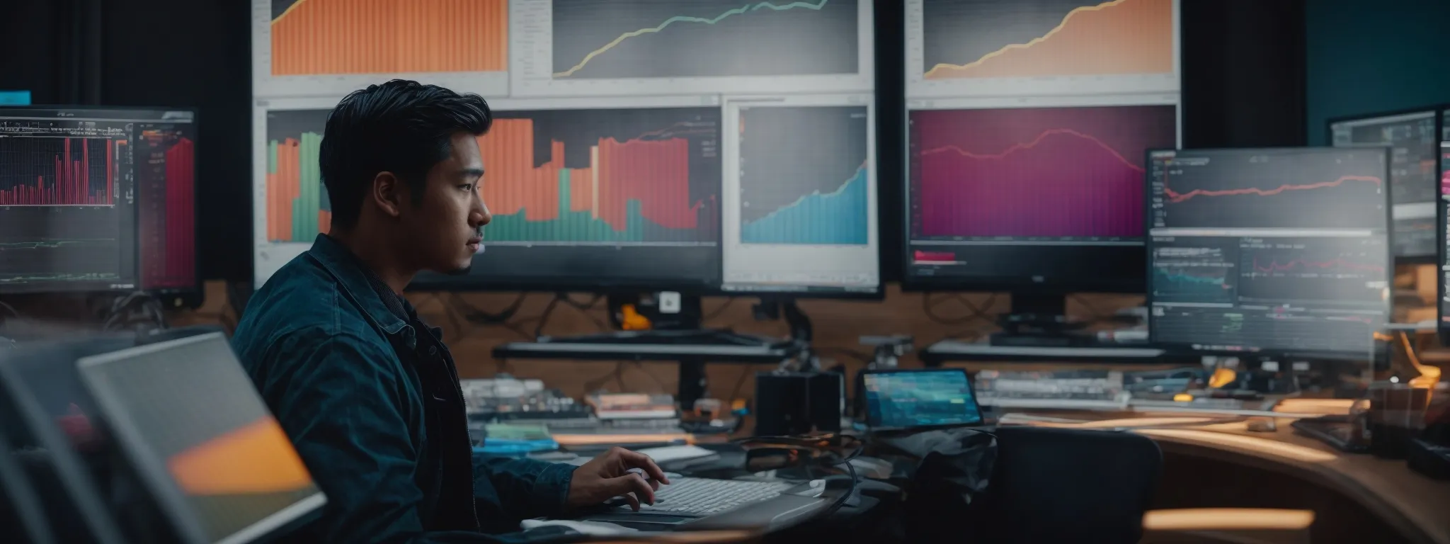 a person gazes intently at a computer screen displaying colorful graphs and charts representing keyword performance metrics.