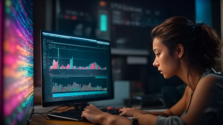 a focused blogger intently studies a bright computer screen displaying colorful graphs and charts representing keyword trends.