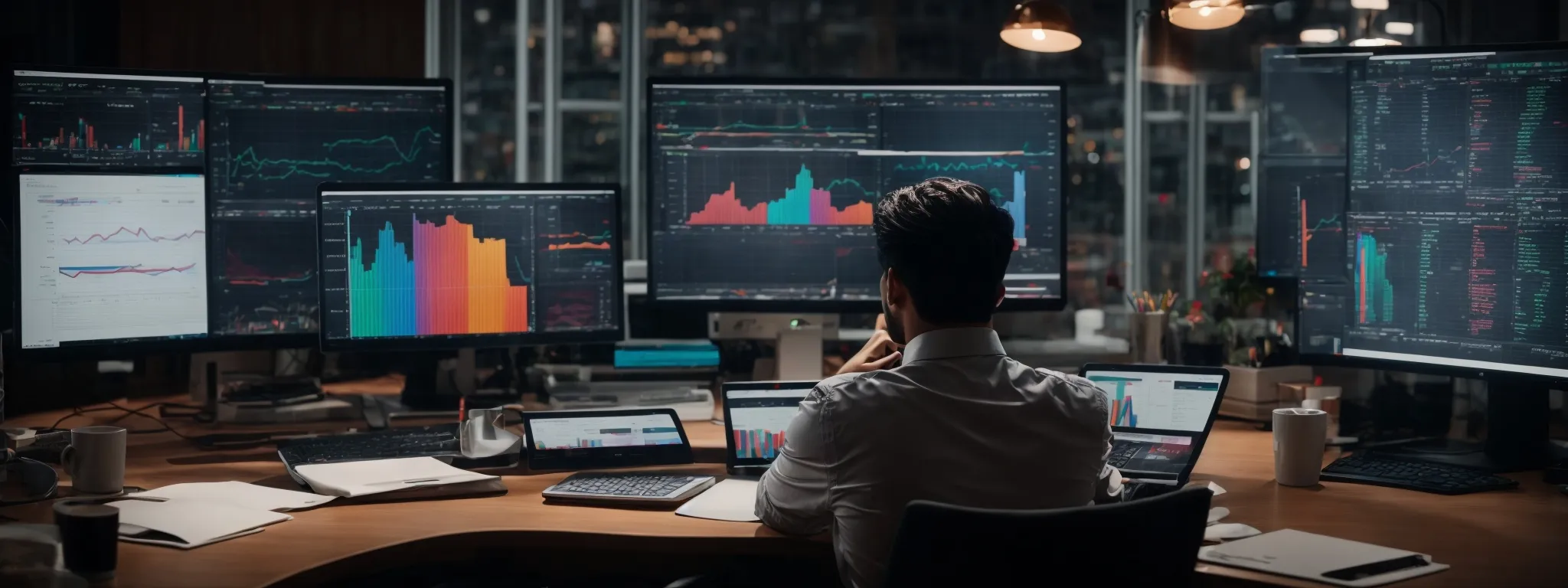 a marketer analyzing colorful graphs and charts on a computer screen to enhance seo strategy.