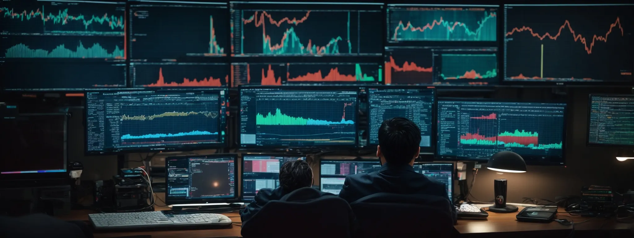 a person sits before a computer with multiple screens, analyzing colorful seo keyword data charts.