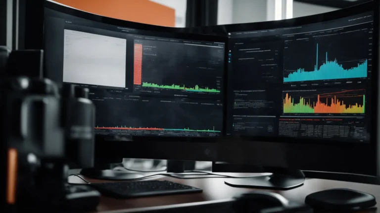 a focused individual analyzes a vibrant, detailed seo dashboard on a modern computer screen in a sleek, well-organized office setting.