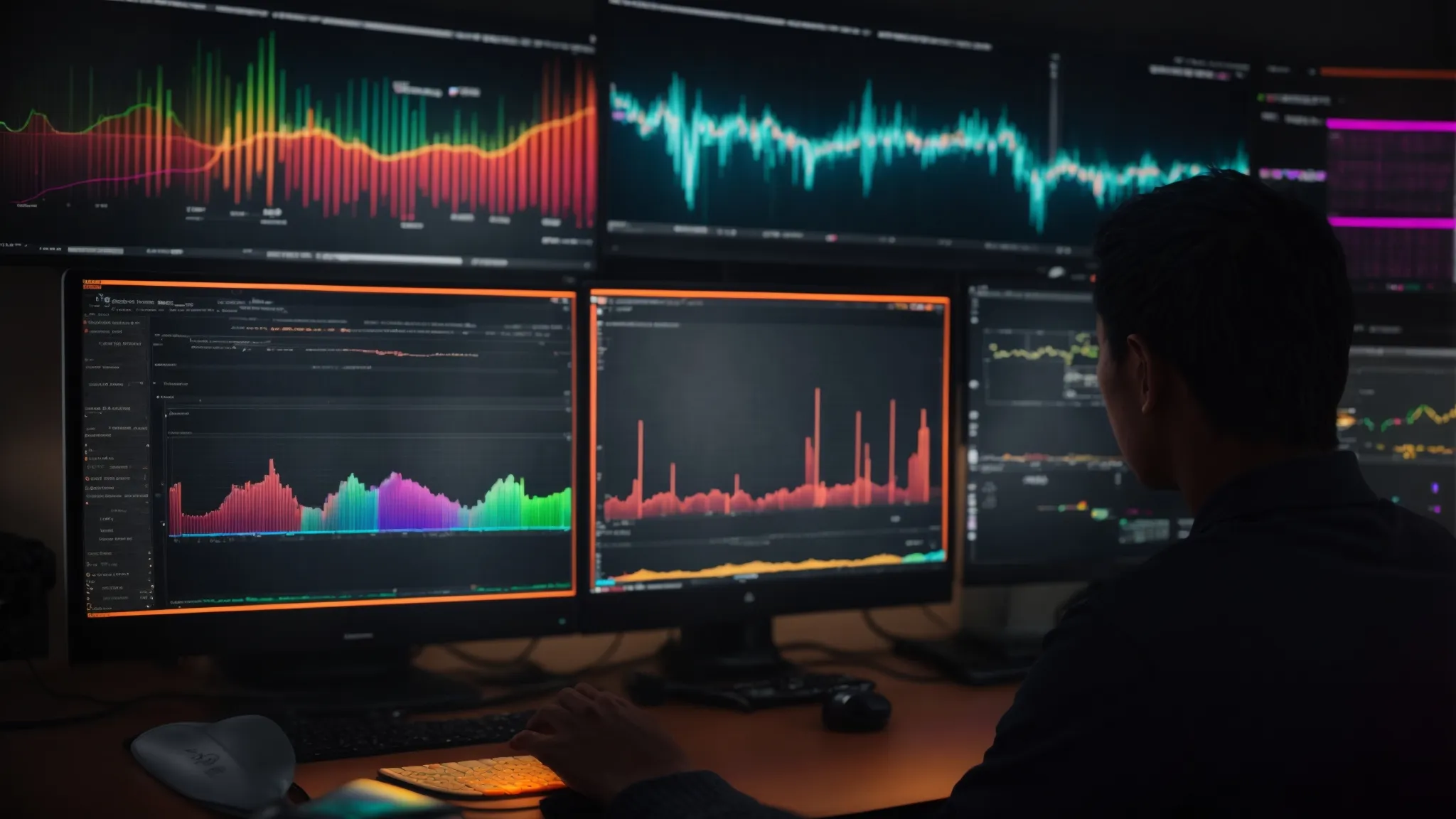 a person sitting in front of a computer monitor displaying colorful graphs and keyword analytics.