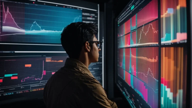 a focused individual intently studies a large screen displaying colorful graphs and search query data.