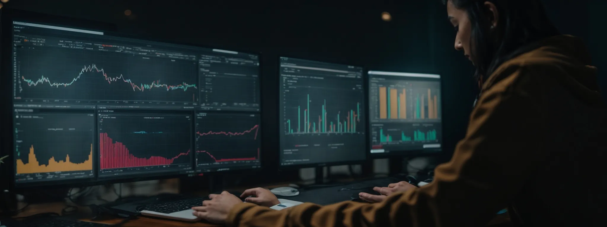 a person analyzing a vibrant dashboard displaying seo metrics and keyword trends on a computer screen.