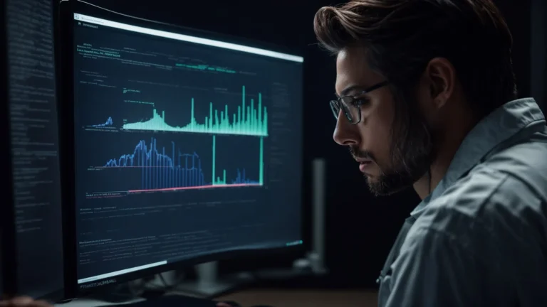 a researcher intently analyzing data graphs on a computer screen, highlighting search term trends.