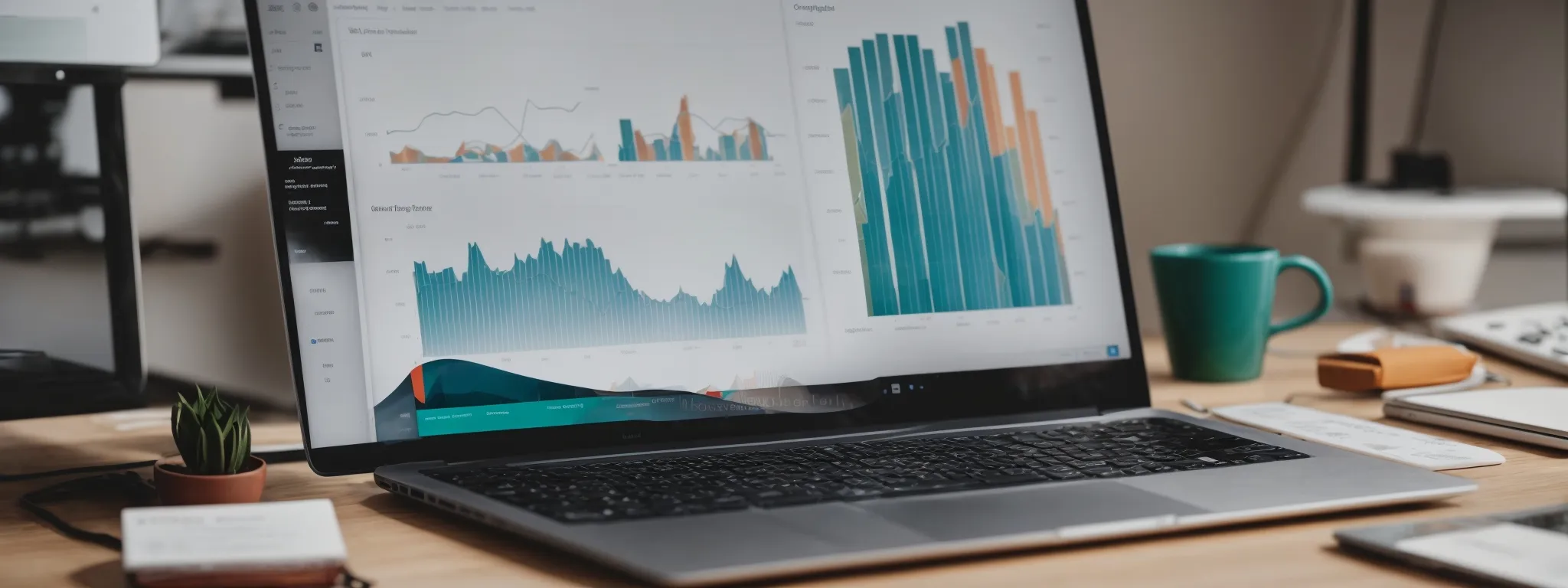 a laptop displaying colorful graphs and charts sits on a minimalist desk, highlighting the analytical process of e-commerce seo optimization.