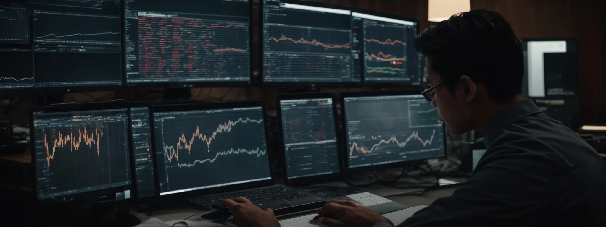 a person working intently on a computer with analytics and graphs displayed on the screen.