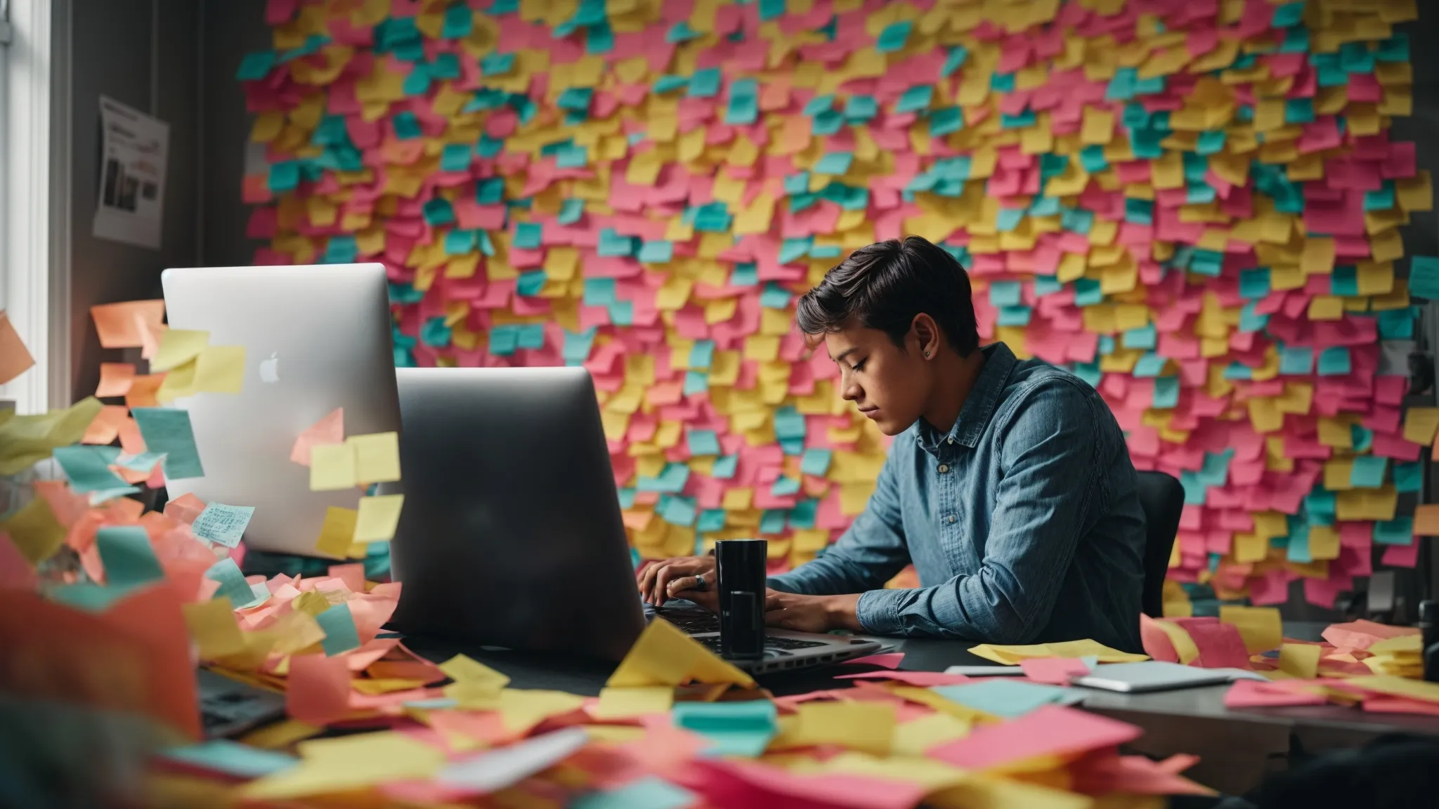 a person sitting at their desk surrounded by colorful sticky notes, with a visible look of concentration as they type on their laptop.