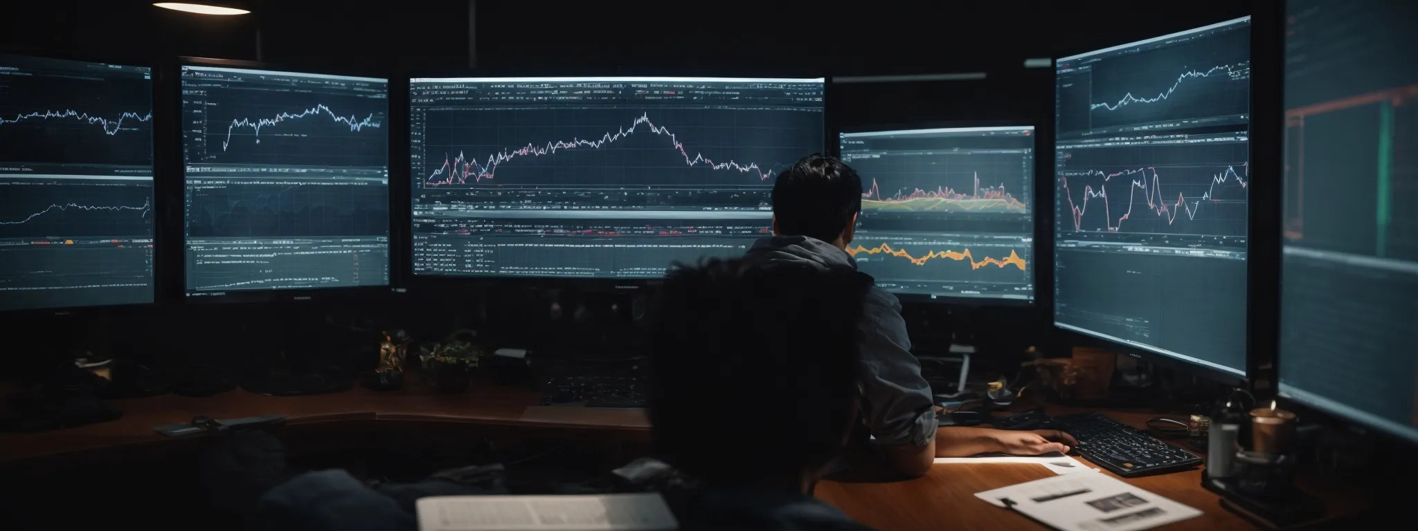 a focused individual analyzes complex graphs and charts displaying web traffic and keyword trends on a computer screen.