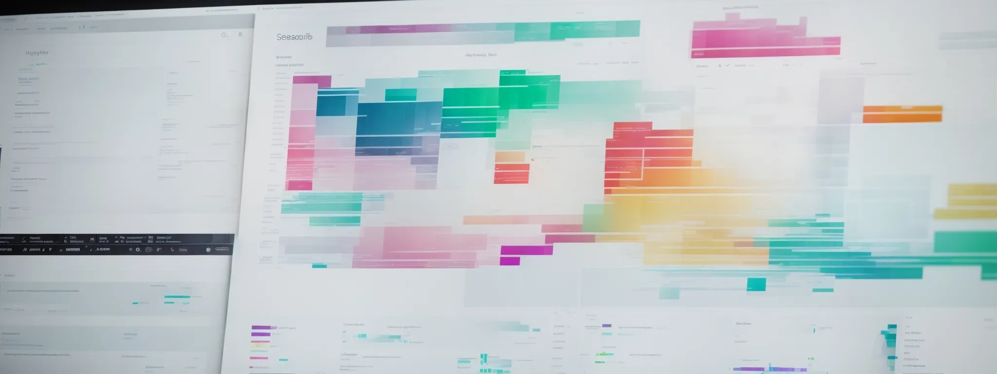 a computer screen displays a colorful array of seo analytics graphs surrounded by notes on strategic keywords.