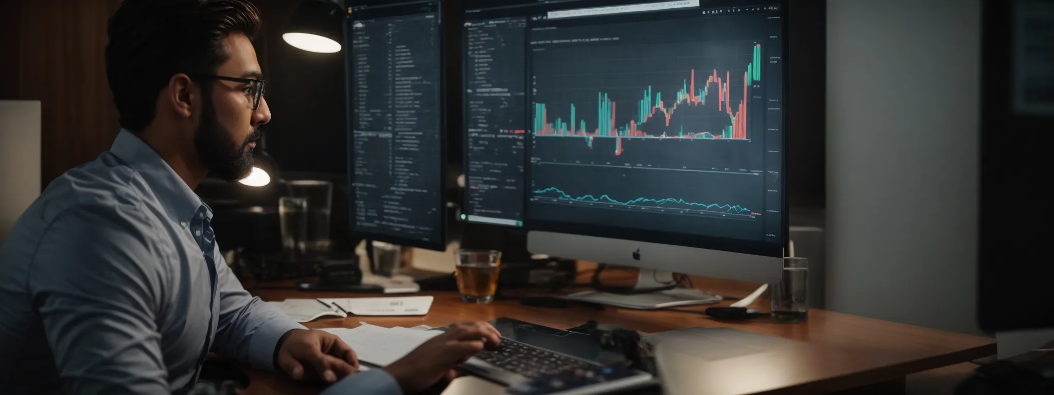 a digital marketer reviews intricate graphs and charts on a computer screen, optimizing a website's seo strategy with searchatlas's keyword analytics.