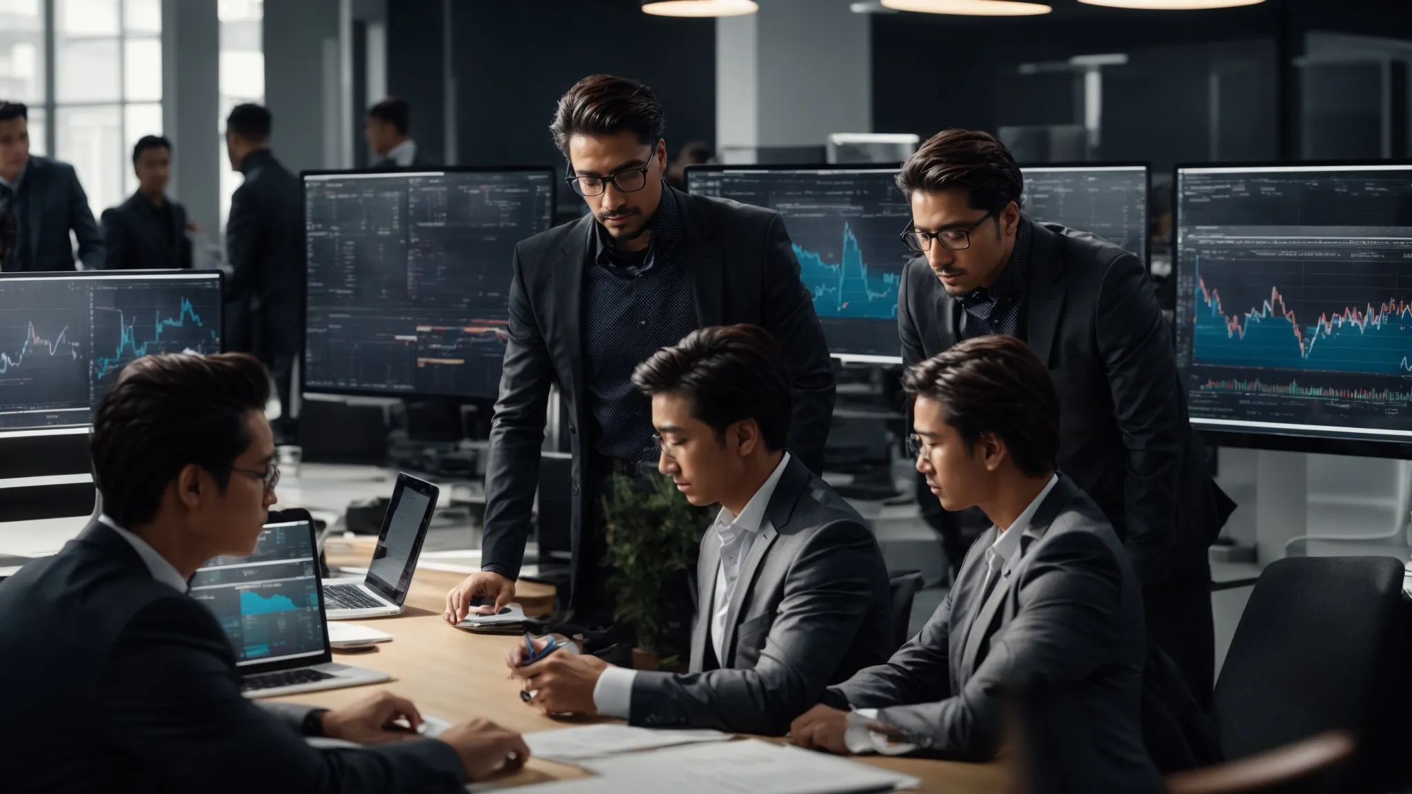 a group of marketers huddle around a computer, analyzing graphs and charts depicting search term data trends.