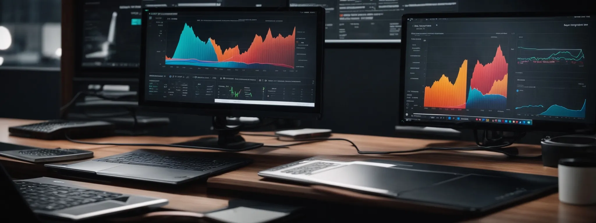 a desktop with an open laptop showing vibrant graphs and charts related to video analytics and seo performance.