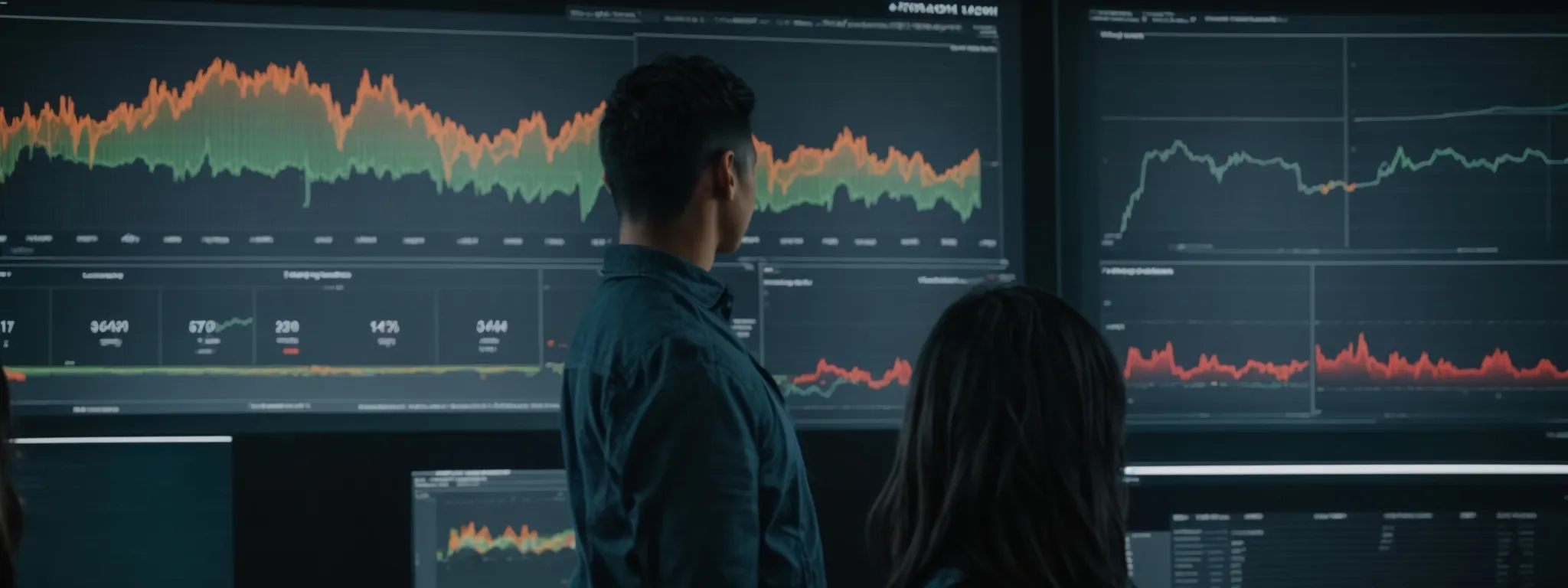 a person standing in front of a large digital marketing analytics dashboard, intensely focused on graphs depicting keyword trends and performance metrics.