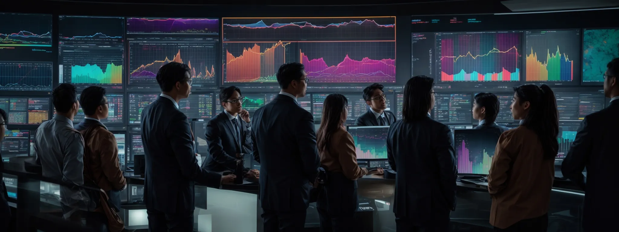 a diverse group of marketing professionals gathers around a large, glowing computer screen displaying colorful graphs and data analytics.