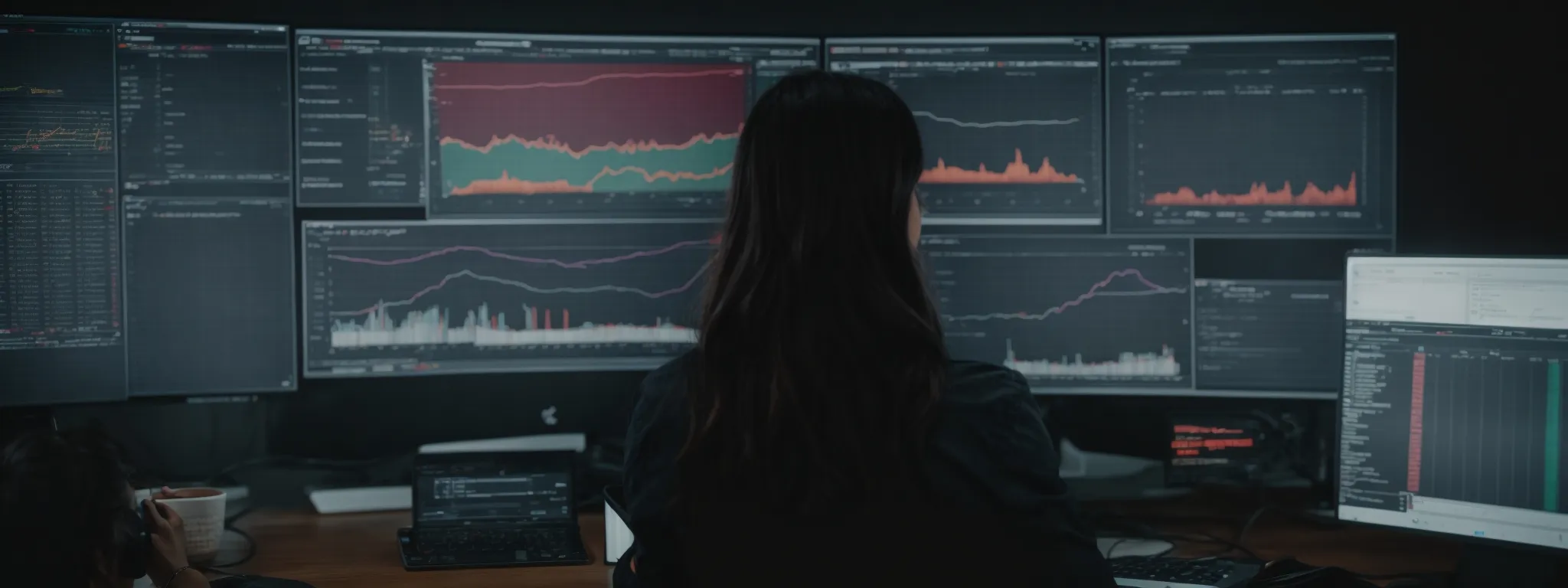 a person analyzing data on a computer with multiple graphs depicting website traffic and keyword trends.