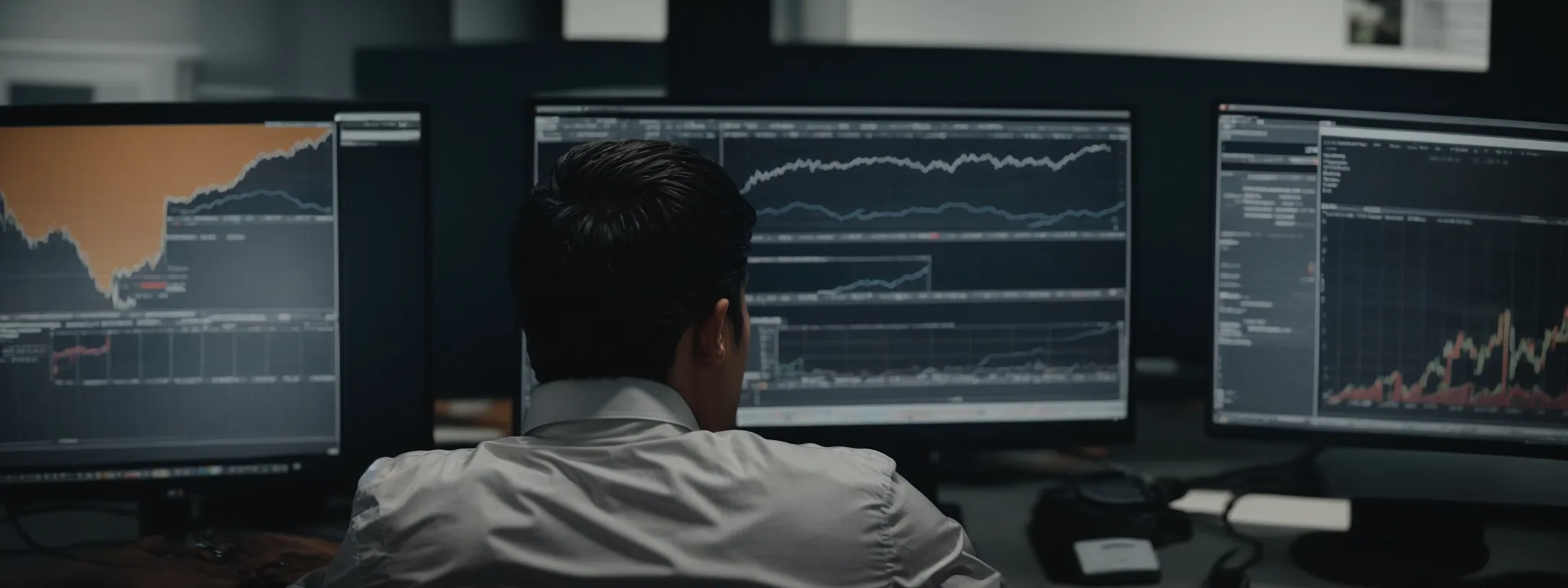 a person intently analyzes graphs and charts on a computer screen, reflecting the strategic planning of an amazon ppc campaign.