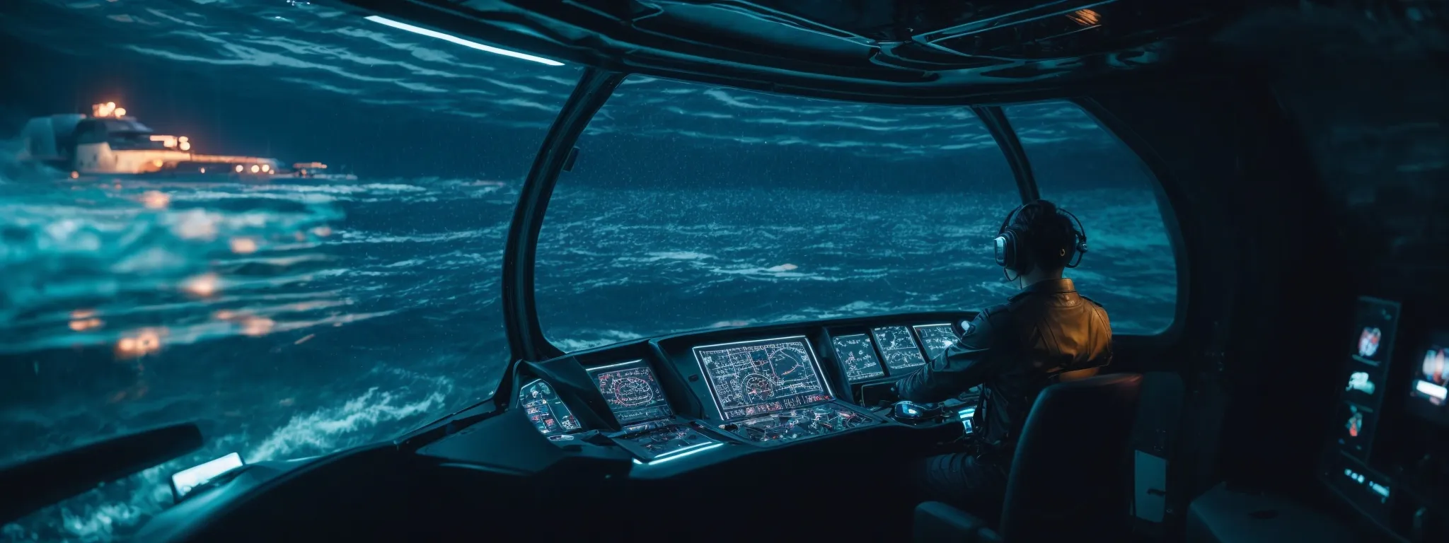 a person at the helm of a futuristic submarine navigates through a symbolic digital ocean, using complex equipment to chart a course among virtual waves representing keywords.
