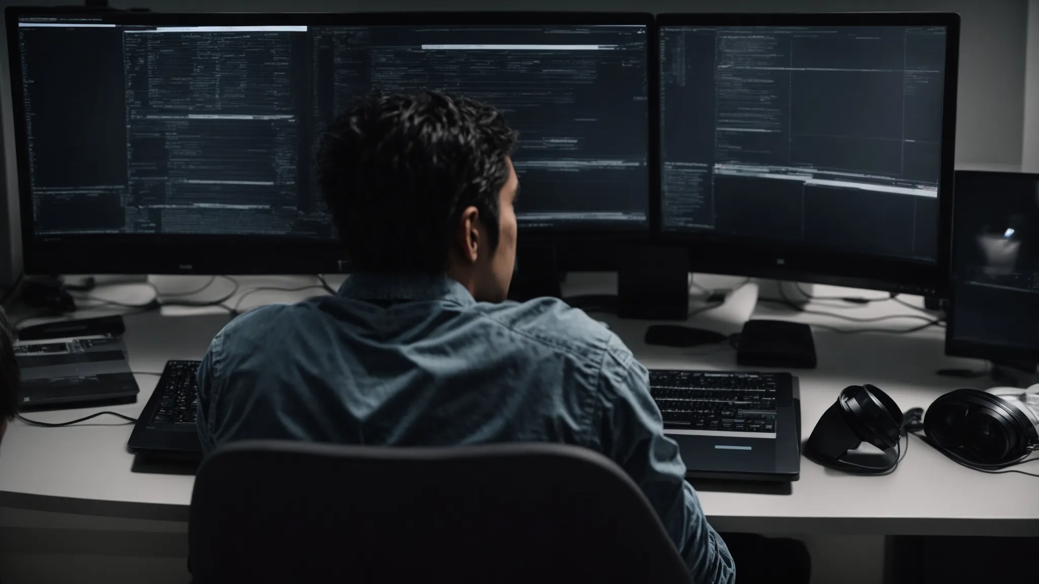 a person sits before a dual-monitor computer setup, deep in concentration as they navigate an advanced seo software platform.