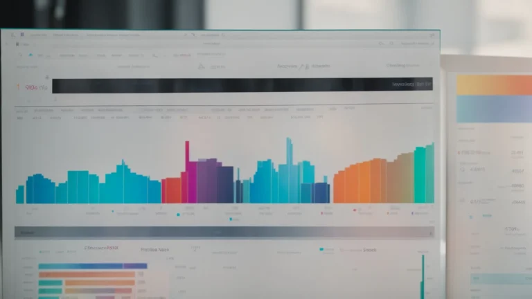 a computer screen displaying colorful graphs and lists of keywords, with a navigational compass resting beside it.