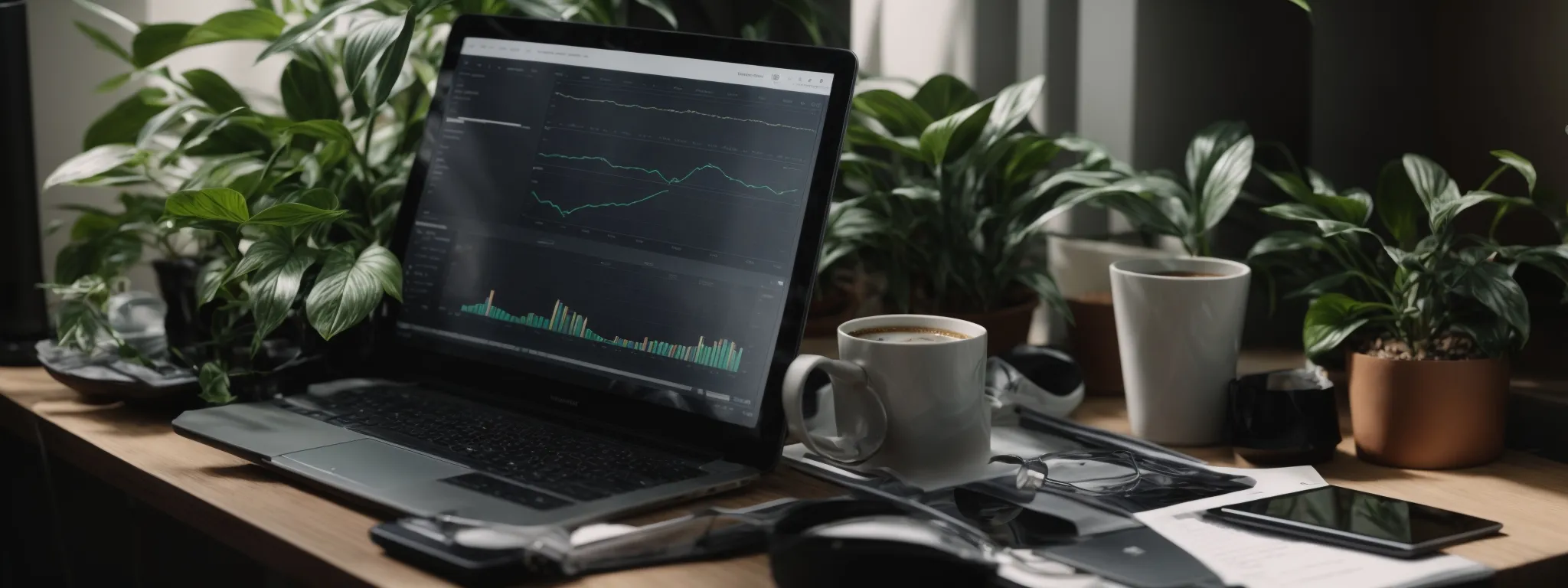 a desktop with a notebook, a coffee cup, and a digital tablet displaying data charts, situated next to a potted plant.