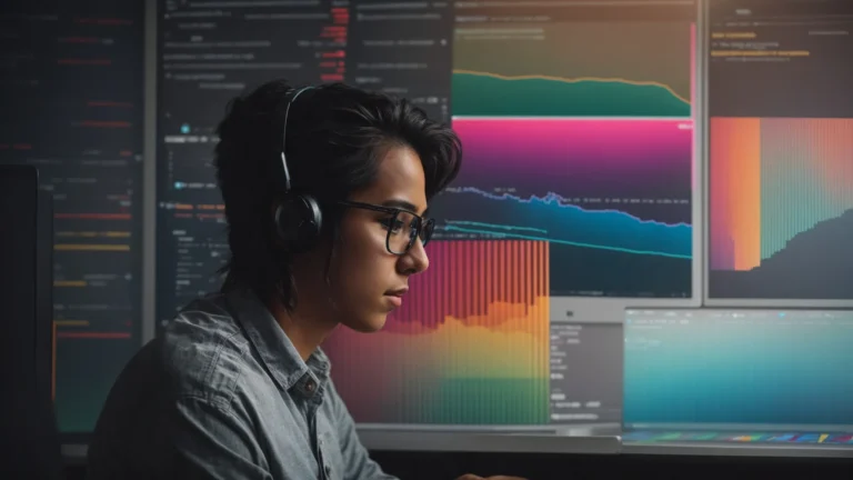 a person sitting at a computer with multiple browser tabs open displaying colorful graphs and keyword lists.