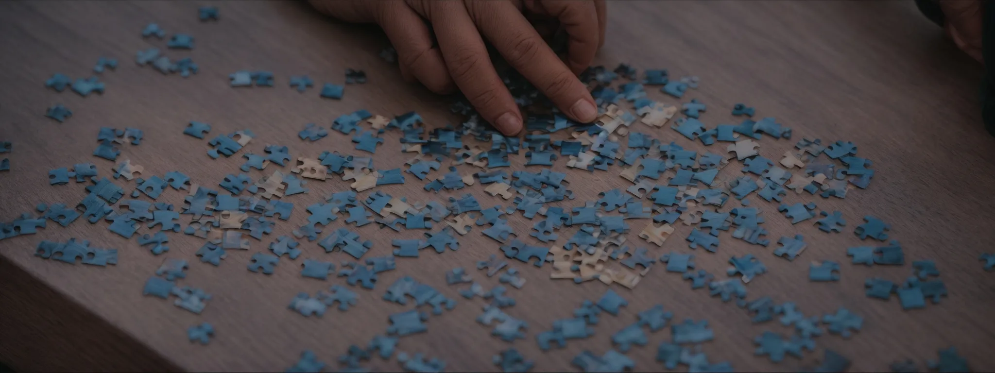 a person thoughtfully arranging puzzle pieces on a table to form a clear, complete picture.